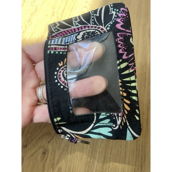 Vera Bradley Zip ID Case‎ Card Holder Coin Purse Key Ring in black floral pop - Picture 9 of 11